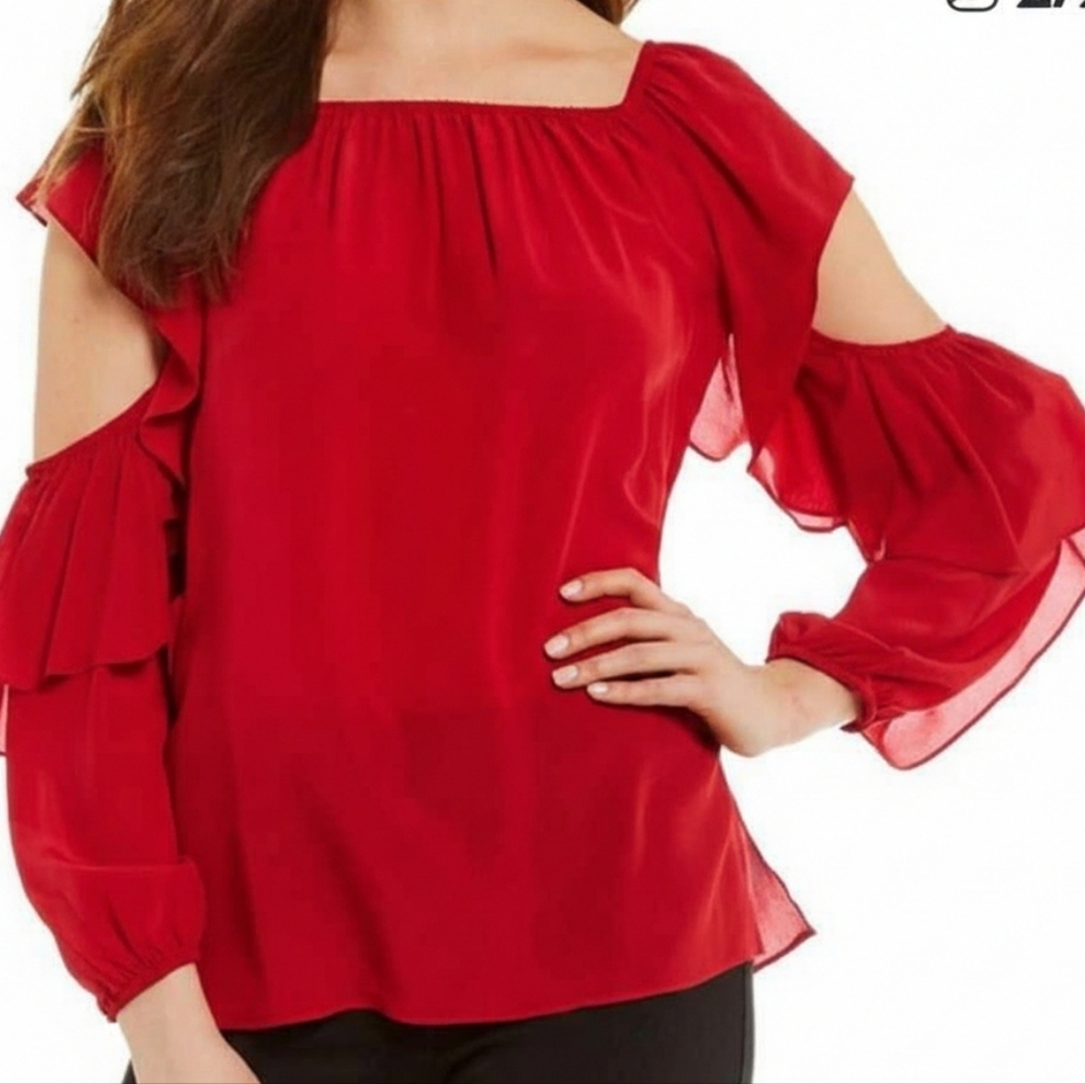 Mika Mindel sz Large Red Silk Style Lynn Ruffle Cold Shoulder 3/4 Sleeve Blouse